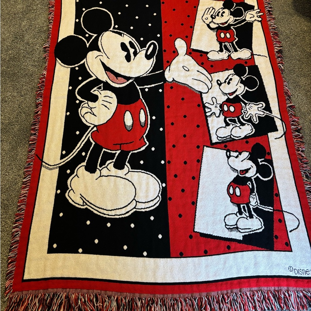 Beacon Red and Black Blanket with Disney Charm, fringe. Excellent pre owned